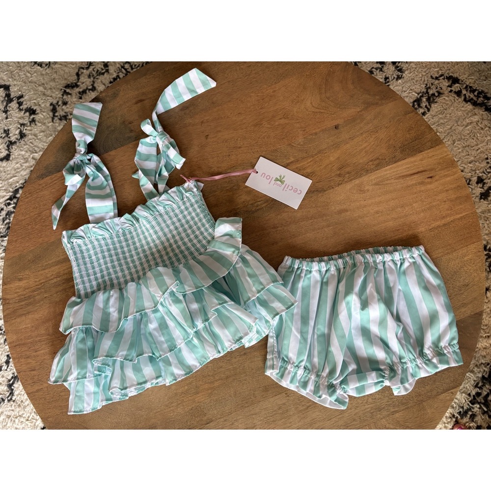 Cecil and Lou Mint Green White Stripe Smocked Ruffle Top Bloomer Set 9M NWT